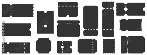Flat ticket shape collection. Perforated black paper fragments with torn edges. Geometric frame for voucher, boarding pass, carnival, discount. Vector design elements.