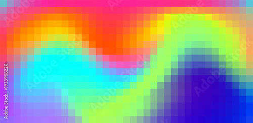 Rainbow pixel gradient background with multicolor mosaic squares. Abstract pattern featuring purple orange blue pink geometric blocks in dynamic grid. Vector digital texture. Trendy wallpaper