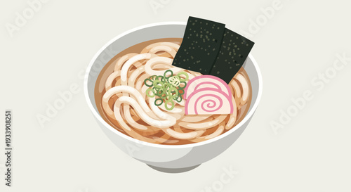 Japanese Udon Noodles in Bowl with Seaweed and Fish Cake