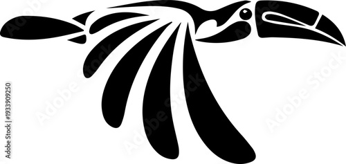 Stylized Flying Toucan Black and White Vector Illustration
