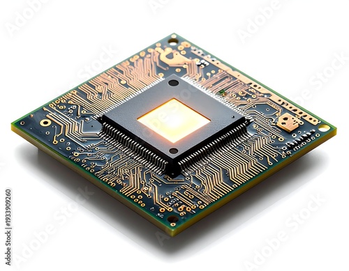 A square chip with a golden core sits on a teal board showing circuitry, casting shadow on a white background