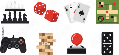 "Ultimate collection of traditional and modern games featuring chess, dice, playing cards, board game, video controller, Jenga, arcade joystick, and domino icons"