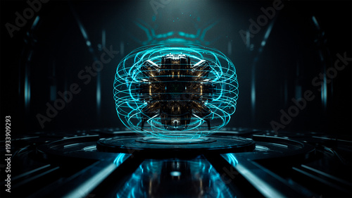 quantum fusion reactor, glowing energy core, futuristic tech terminal