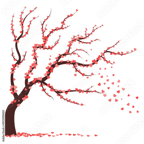 Brown tree with red and pink heart leaves falling hearts