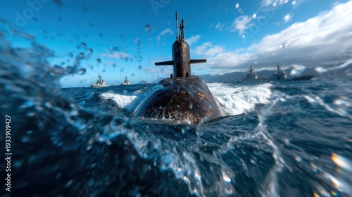 This gripping underwater image captures a submarine cutting through crystal-clear waters, emphasizing maritime exploration and naval engineering.