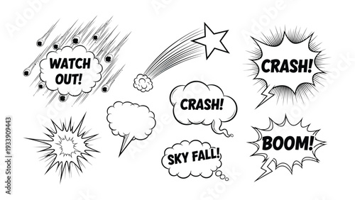 Comic Speech Bubbles: A collection of dynamic and expressive speech bubbles and action lines, each bursting with energy and designed to convey a variety of sounds and exclamations. 