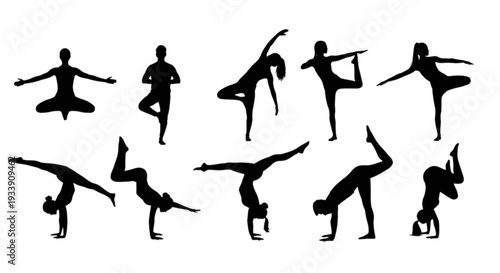 Dynamic silhouettes of various yoga and stretching poses in black and white isolated on transparent background, Vector