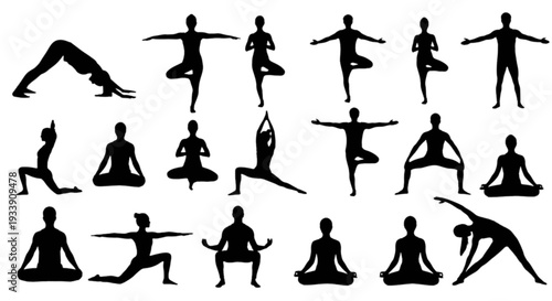 Diverse silhouettes of people performing various dynamic yoga and stretching poses isolated on transparent background, Vector