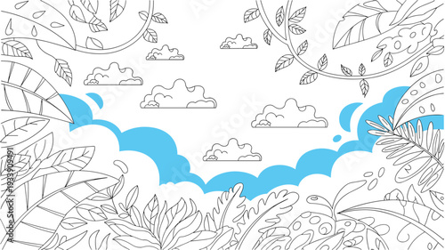 Jungle landscape outline with blue sky and clouds, tropical leaves, nature coloring book background