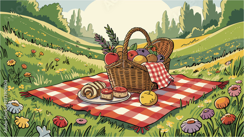 Summer picnic illustration with a woven basket filled with fruits and a checkered blanket on green grass