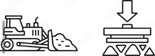 Bulldozer pushing dirt and compactor crushing gravel construction equipment Icon Isolated on white background
