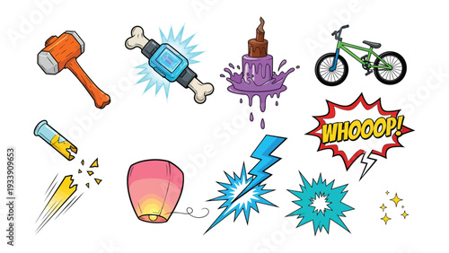 Comic Elements and Icons: Vibrant array of comic-style elements and icons, a hammer, a bone, liquid splash, bicycle, lighting bolt, light streak, sky lantern, speech bubble, and explosion. 