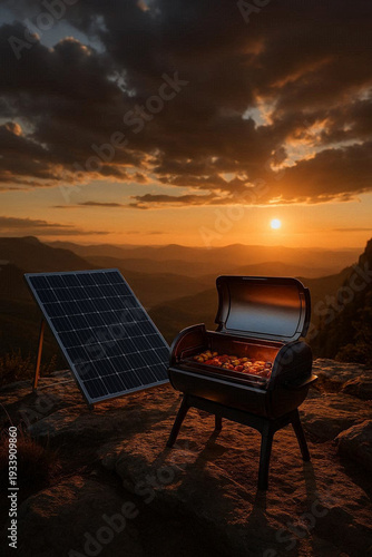Eco-Friendly Solar-Powered Outdoor Cooking at Sunset with Portable Grill on Mountain Top
