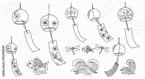 A traditional Japanese tea ceremony scene features utensils and a pagoda with wind chimes and fish.