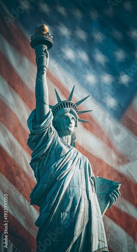 The Statue of Liberty with the American flag in the background as a symbol of freedom and democracy