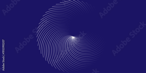 Abstract white spiral vortex on dark blue background. Minimalist geometric circular line art, futuristic digital tunnel or swirling data pattern for tech, science, and modern corporate identity.