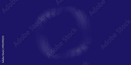 Abstract white spiral vortex on dark blue background. Minimalist geometric circular line art, futuristic digital tunnel or swirling data pattern for tech, science, and modern corporate identity.
