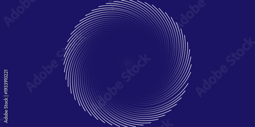 Abstract white spiral vortex on dark blue background. Minimalist geometric circular line art, futuristic digital tunnel or swirling data pattern for tech, science, and modern corporate identity.