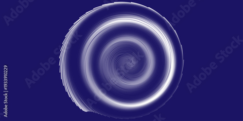 Abstract white spiral vortex on dark blue background. Minimalist geometric circular line art, futuristic digital tunnel or swirling data pattern for tech, science, and modern corporate identity.