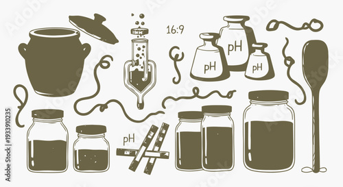 Laboratory Equipment and Chemical Jars Illustration.