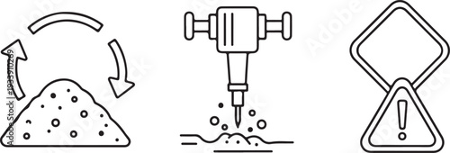 Construction Icons: Material Pile Jackhammer Breaking Ground Road Signs Isolated on white background