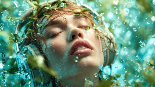 A captivating underwater image of a girl wearing headphones, surrounded by floating leaves and bubbles, symbolizing a blend of music and nature in a serene aquatic environment.