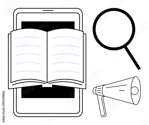 Open book on digital tablet, magnifying glass and megaphone implying research, learning, communication. Ideal for education, digital library, online courses, content promotion, knowledge sharing
