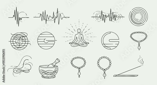 Meditation Symbols and Sound Waveforms Illustration.