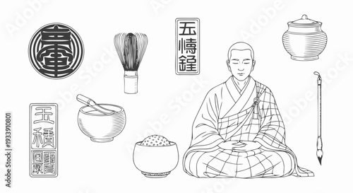 Monk Sitting with Calligraphy and Tea Utensils.