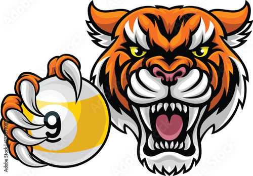 Tiger nine ball pool billiards sports mascot holding a 9 ball cartoon illustration