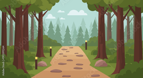 Forest Path with Lamps and Stones