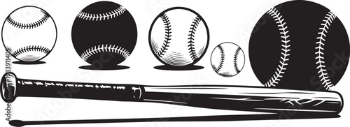 Baseball Bats and Balls in Black and White Illustration