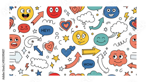 Cheerful Doodles: A playful collection of illustrated emoticons, hearts, arrows, and other whimsical doodles creates a vibrant and engaging design.