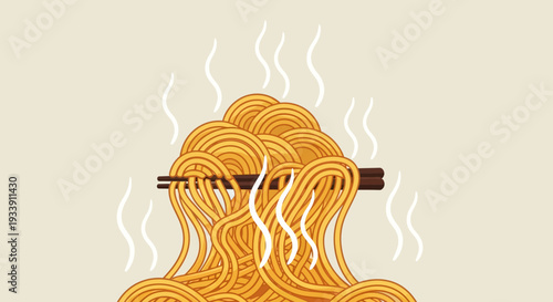 Steaming Noodles with Chopsticks, Asian Food Illustration