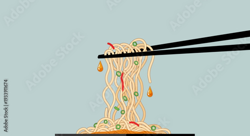 Chopsticks Lifting Delicious Noodles with Sauce and Herbs