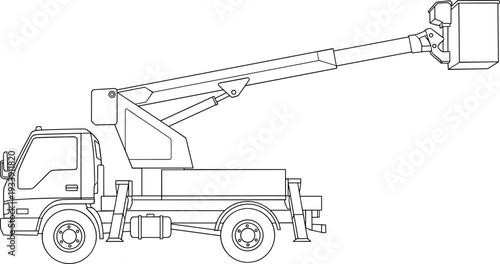 Side view line art illustration of a commercial bucket truck with hydraulic lift arm and aerial platform isolated on white background for industrial coloring (25 words)