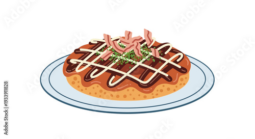 Okonomiyaki Japanese Pancake with Toppings on Plate