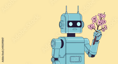 Robot holding a cherry blossom branch, AI and nature concept