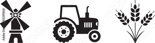 Farming Icons: Windmill Tractor Wheat Stalks Representing Agriculture and Rural Life Isolated on white background