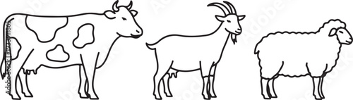 Farm Animals Line Art: Cow Goat Sheep Standing Together Vector Icon Isolated on white background
