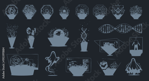 Various Scientific Illustrations and Diagrams on Black.