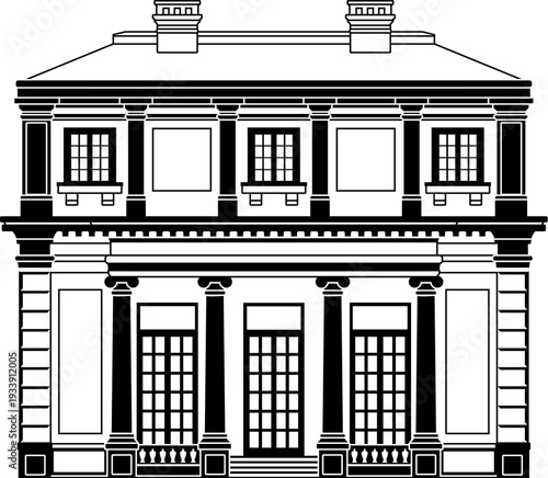 Victorian outline old English house building. Georgian mansion manor style homes. Vintage British architecture facade illustration.