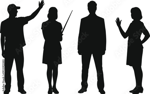Business men and women silhouettes collection, professional corporate team and casual worker figures in various poses, black vector illustration isolated on white background
