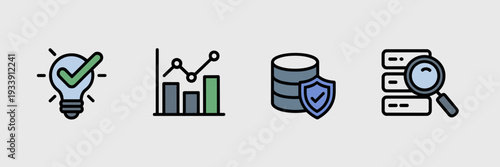 AI evidence based insights icon set – Ideal for business intelligence, data driven marketing, or research reports.