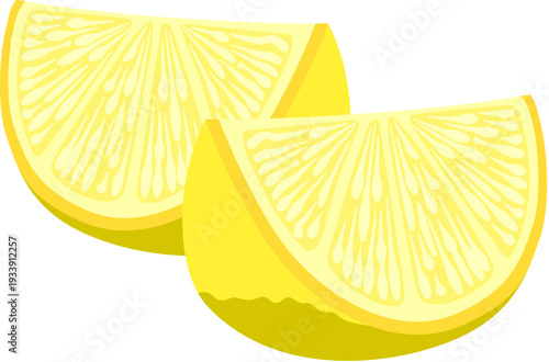 Illustration of fresh lemon wedges, isolated on white background. Citrus fruit icon for cocktails, drinks, cooking, Mexican food, bar menus, food labels and packaging.