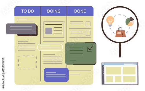 Workflow management, team projects, productivity tools, task planning, business strategy, agile development. Visual of a task board, magnifying glass and browser window. Workflow and team projects