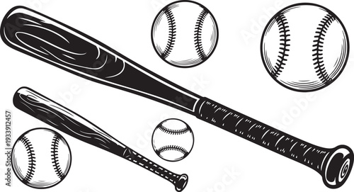 Baseball Bats and Balls Illustration in Black and White