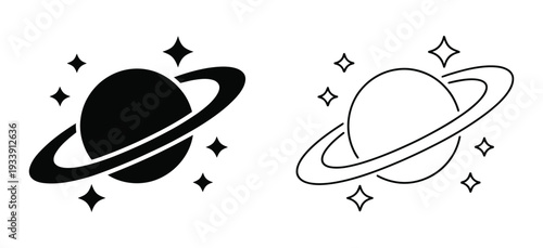 Planet saturn icon. Saturn planet with rings and stars icon set. Astronomical symbol for outer space exploration, solar system science, and cosmic universe design. Vector Illustration