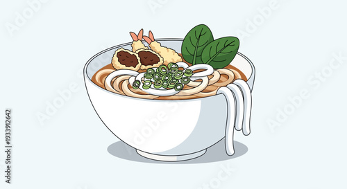 Delicious Udon Noodle Soup with Tempura and Greens