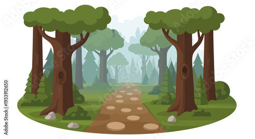 Enchanted Forest Path with Tall Trees and Misty Background